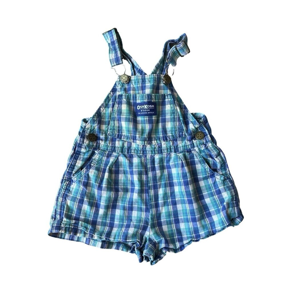 Vintage‎ OshKosh B’Gosh Vestbak Plaid Shortalls Romper Baby 24M Blue Cotton